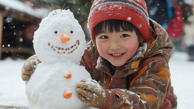 孩子与雪人的快乐时光