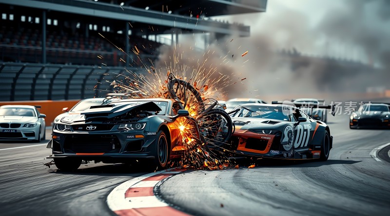赛道上的激烈碰撞火花四溅赛车竞速