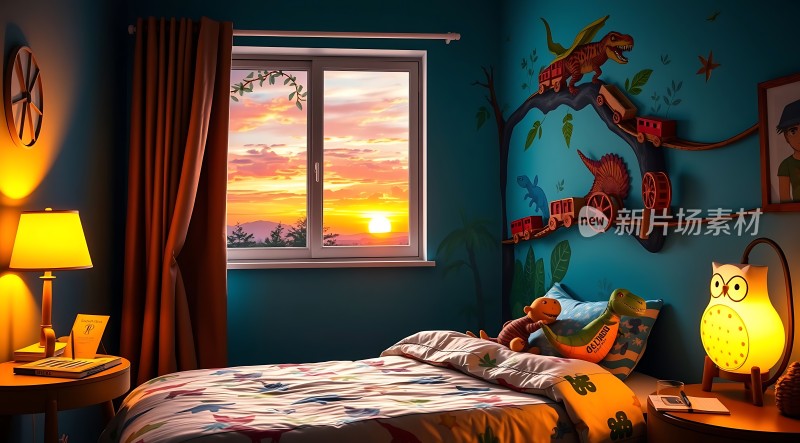 温馨卧室日落时分恐龙壁画与自然美景相映成趣