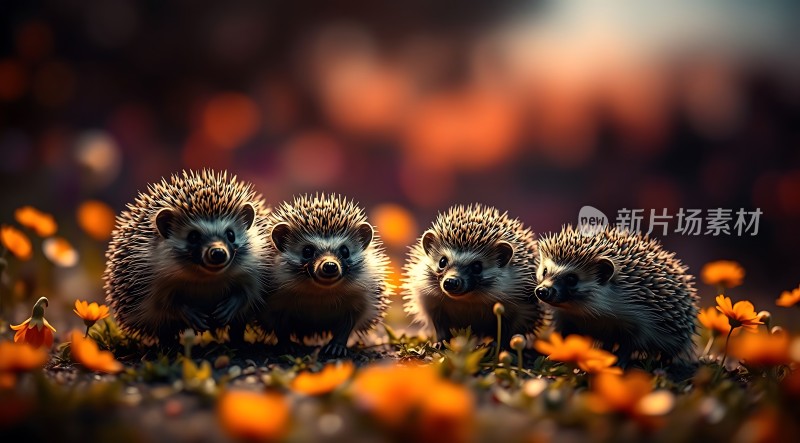 四只可爱的小刺猬在花丛中玩耍