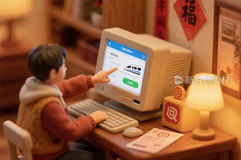 迷你玩偶操作复古电脑场景