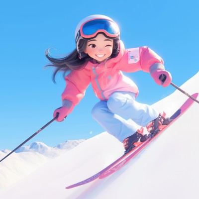 冬季雪地滑雪的男孩女孩3D卡通人物插画