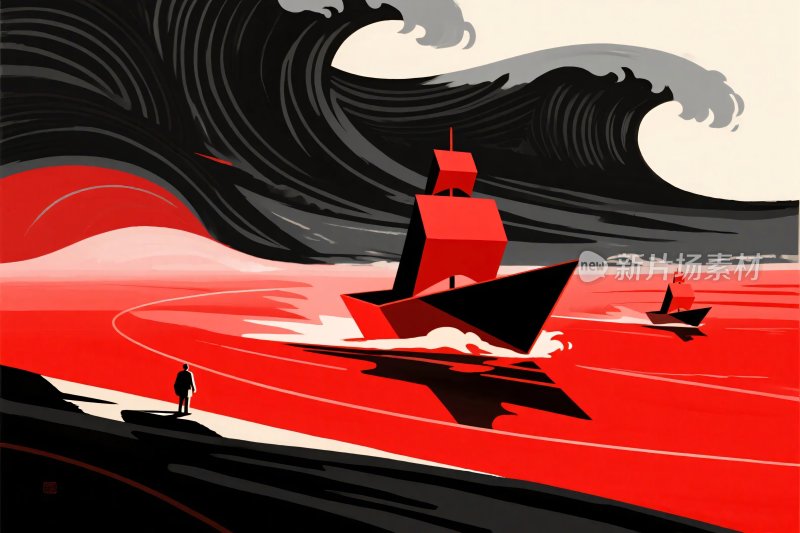 红色海洋巨轮风暴插画