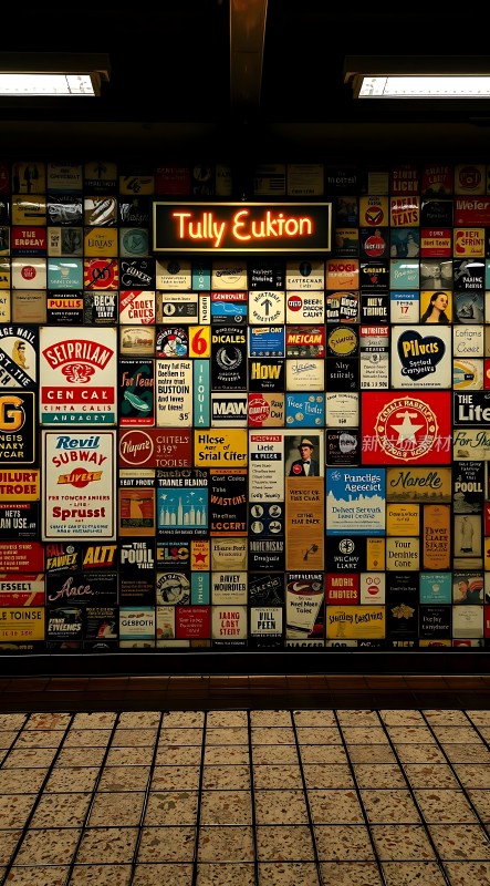 复古广告墙上的“Tully Eukton”霓虹灯标志