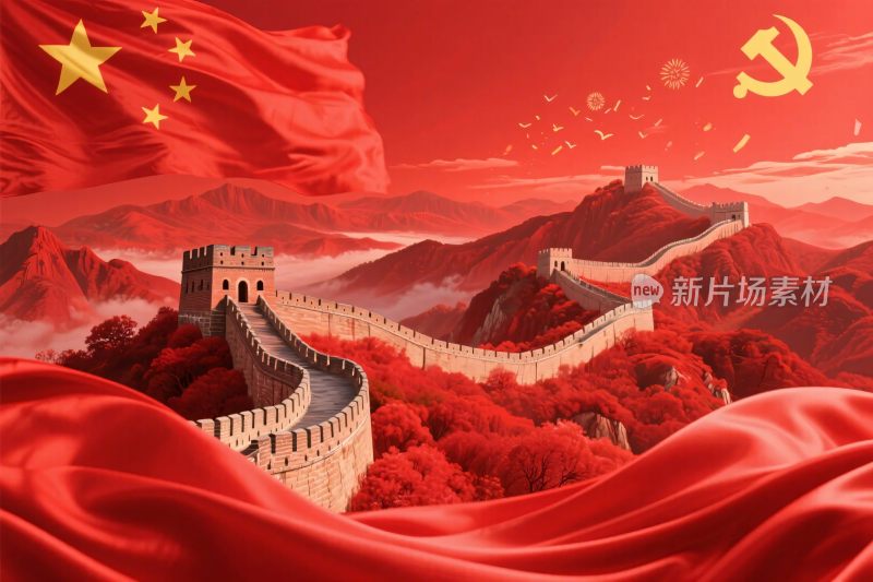 中国长城红旗插画