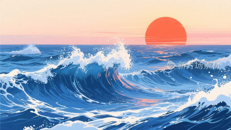 海上日落波浪景观