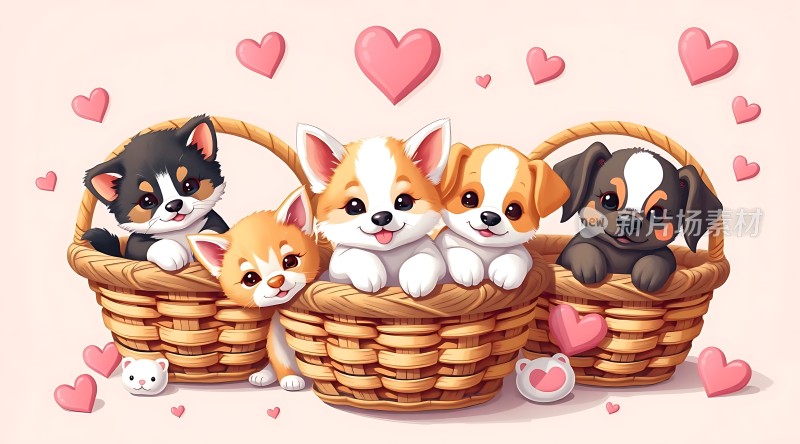 可爱小狗和小猫温馨互动心形环绕温暖画面