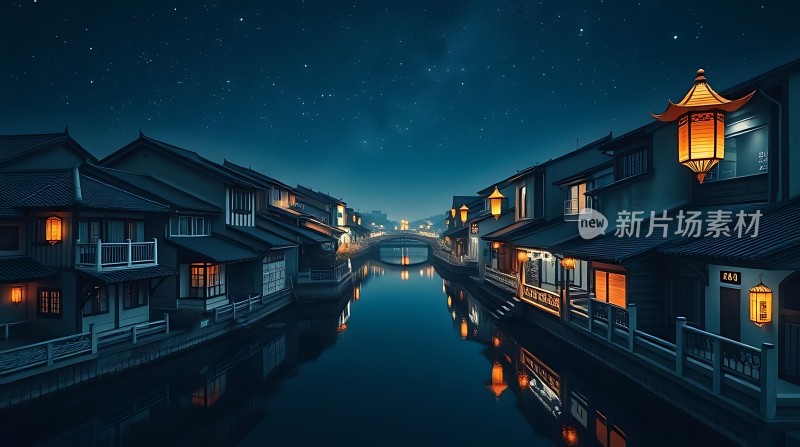 夜幕下的古村落灯火阑珊映水乡