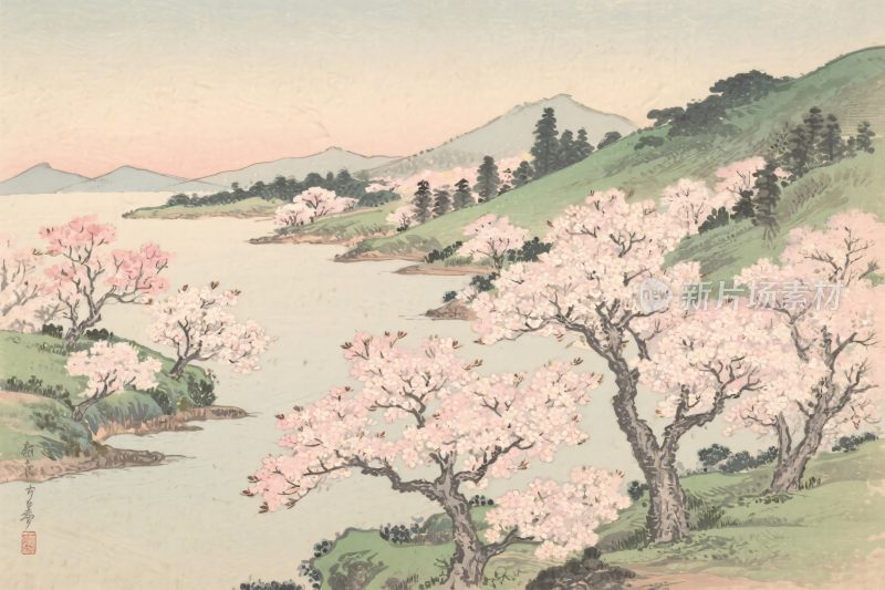 樱花山水风景画