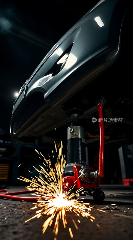 火花四溅的车间里红色千斤顶托起黑色车身