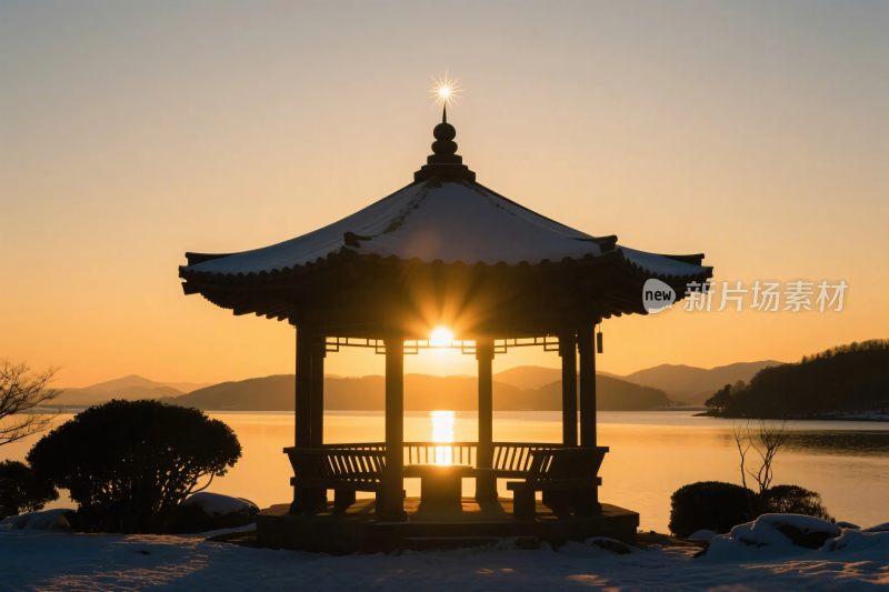 冬日古亭雪景夕阳