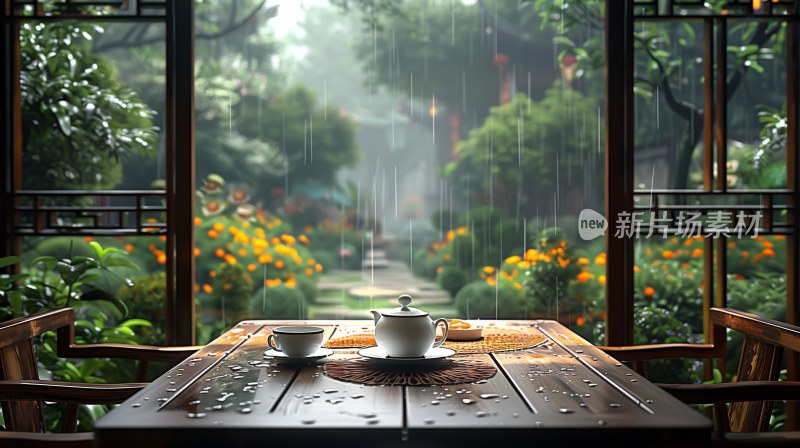 古风桌子雨天品茶