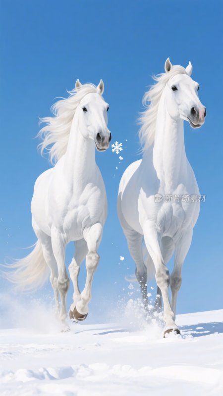 雪地上奔跑的两匹白马