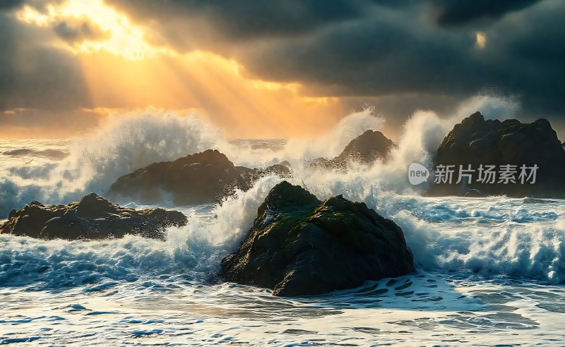 阳光下的海浪与岩石