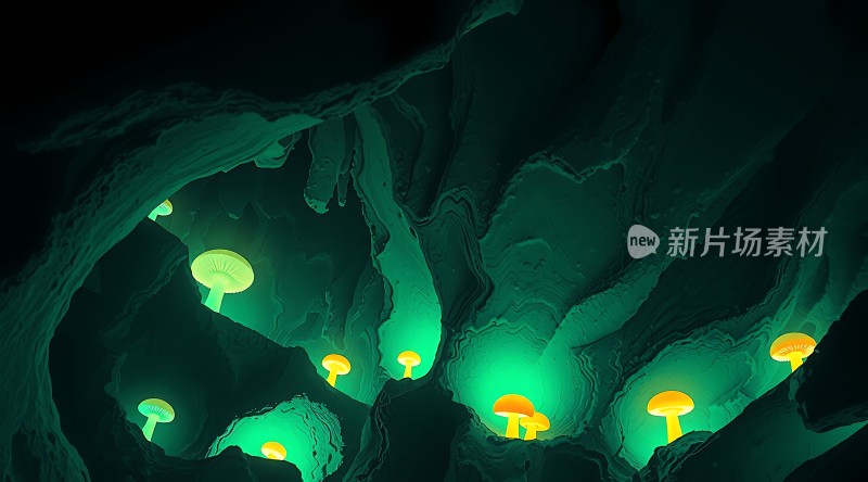 神秘洞穴中的荧光蘑菇
