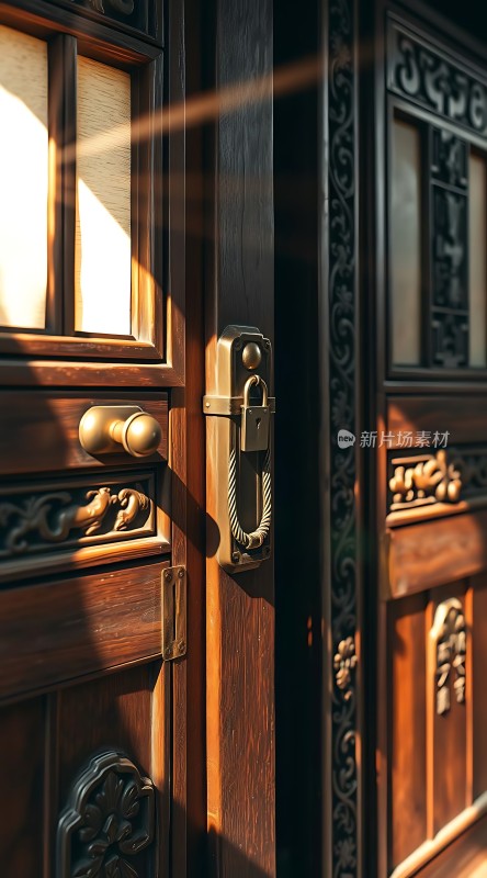 古木门上的精美锁具与阳光