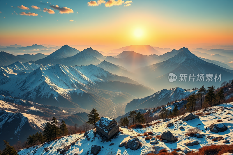 山峦积雪夕阳西下高清风景风光图片