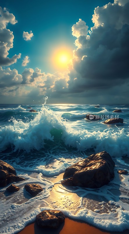 阳光下的海浪与岩石