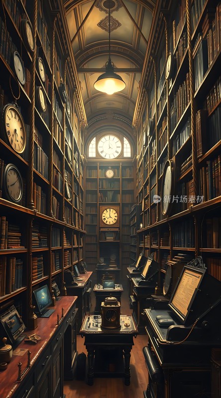 古旧书架上的时钟与书籍