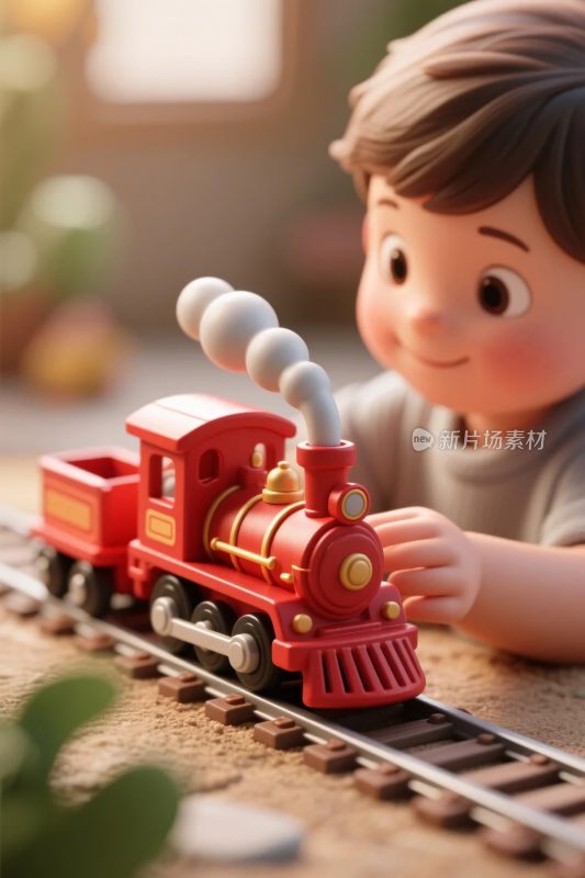 小孩玩红色玩具火车场景