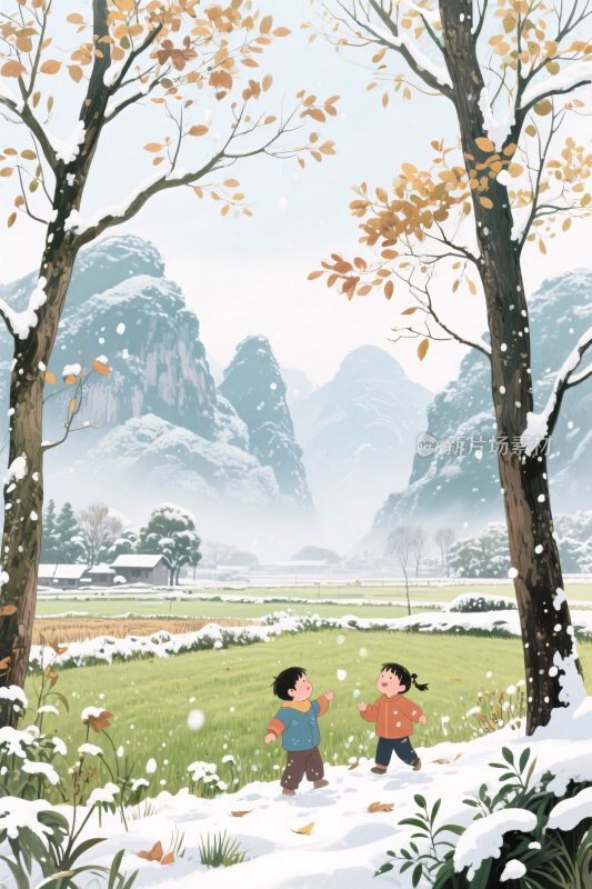 冬日山乡孩童雪景插画