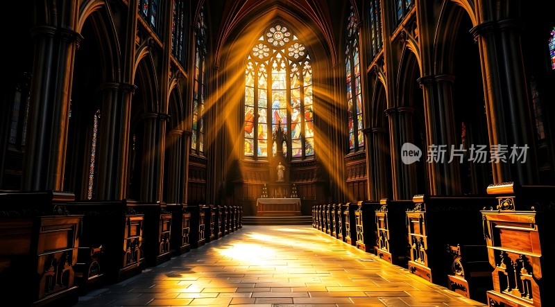 阳光洒满教堂内部彩色玻璃窗透出神圣光芒