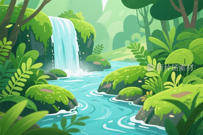 森林瀑布小溪插画