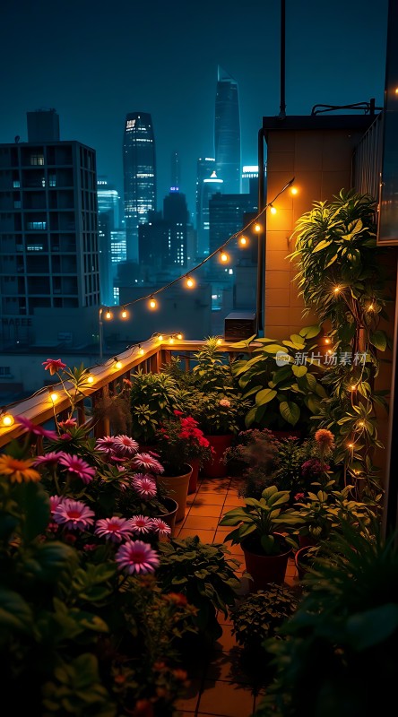 城市夜景下的温馨阳台花园