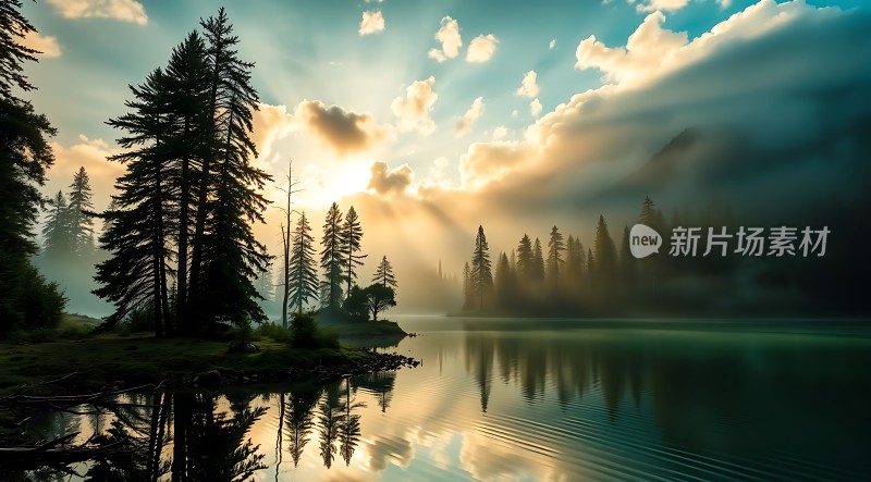 湖畔晨曦映翠林