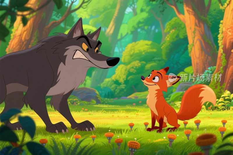 森林里狐狸和狼的互动