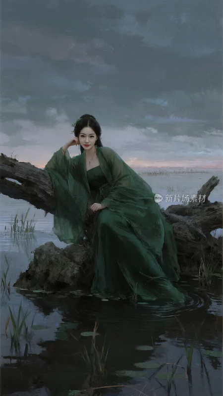 湖畔绿裙佳人坐