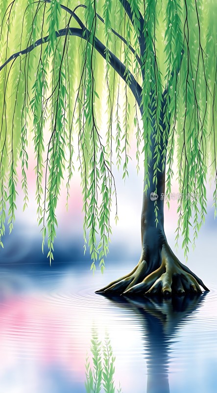湖畔垂柳映水波