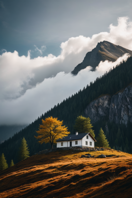 山脉房屋和树木高清风景图片