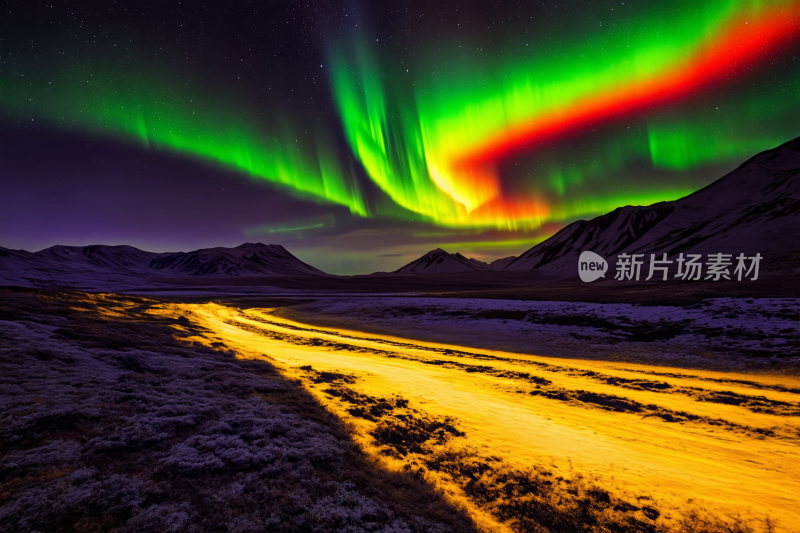 彩色鲜艳的极光照亮雪山上的天空背景图片