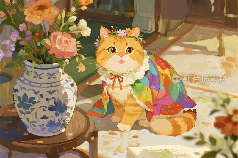 橘猫穿彩色花衫