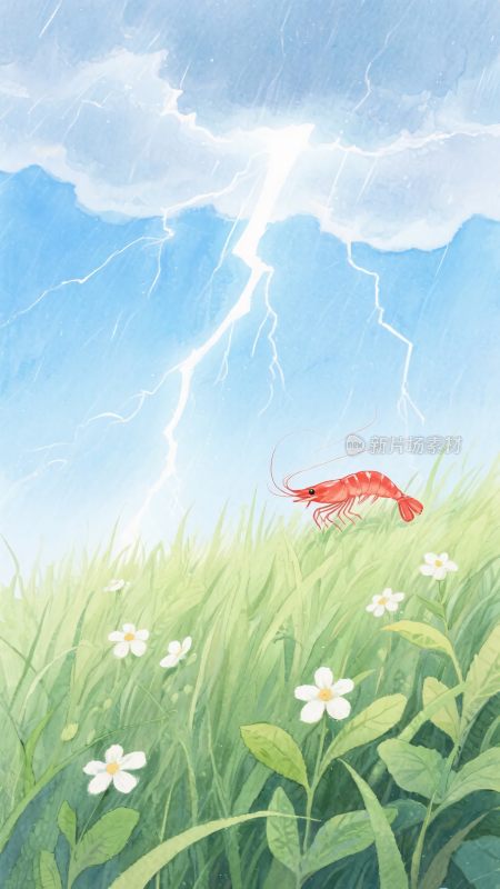 雷雨下草地上的红色龙虾