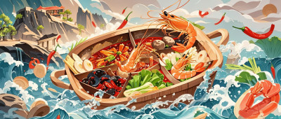 中国风美食小龙虾手绘创意插画图