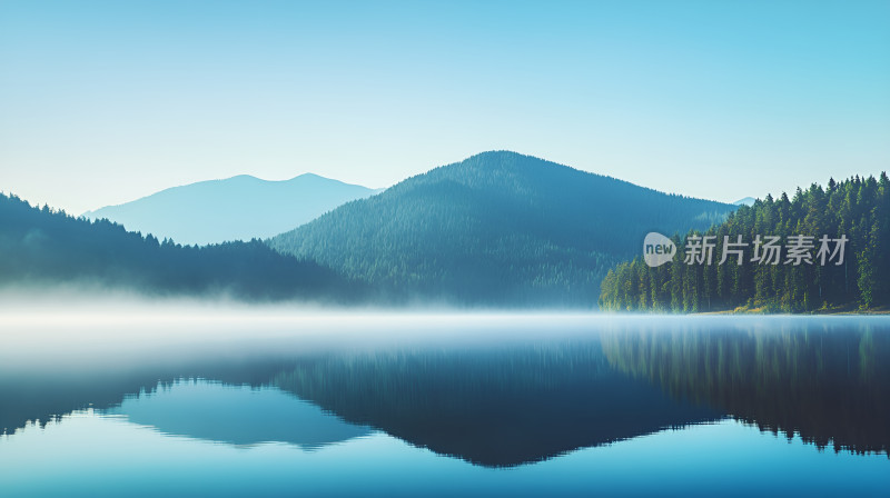 山间湖泊的宁静早晨湖光山色湖泊倒影镜面