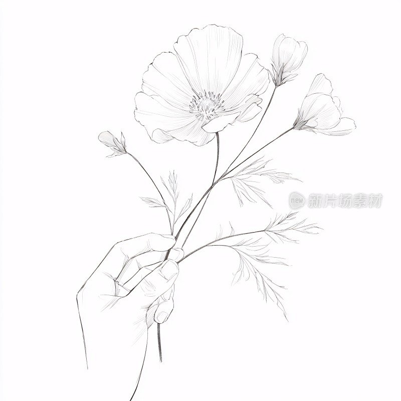 手捧花朵的黑白线条插画