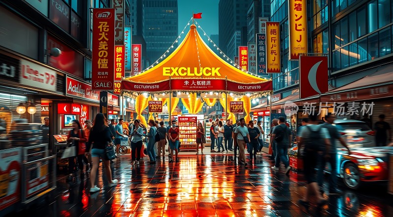 繁华都市夜景霓虹闪烁人群熙攘街头美食摊位林立
