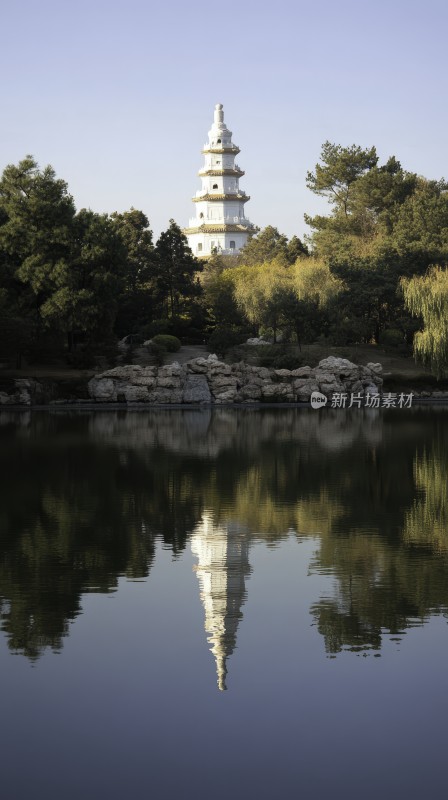 古典寺庙与湖泊倒影风景