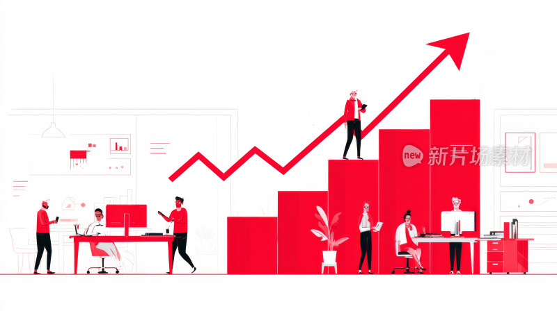 业绩攀升，商业职场白领团队合作，插画设计