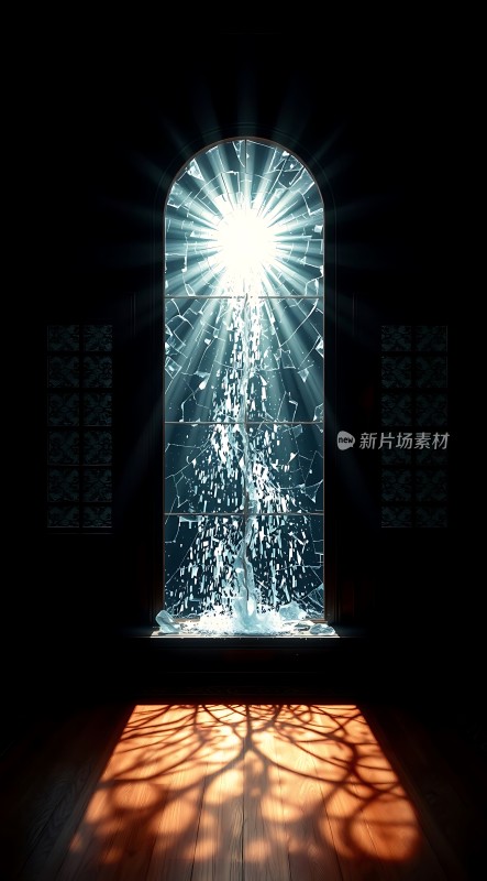 阳光透过破碎玻璃窗洒落形成美丽光影效果