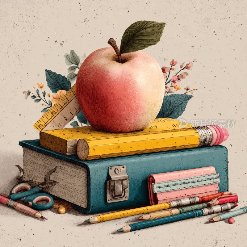 书本上的苹果与学习用品