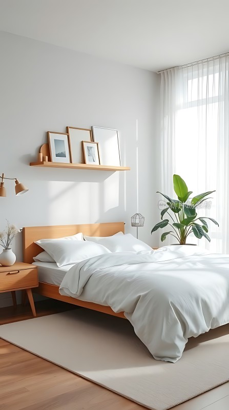 简约卧室阳光洒落绿植相伴温馨宁静