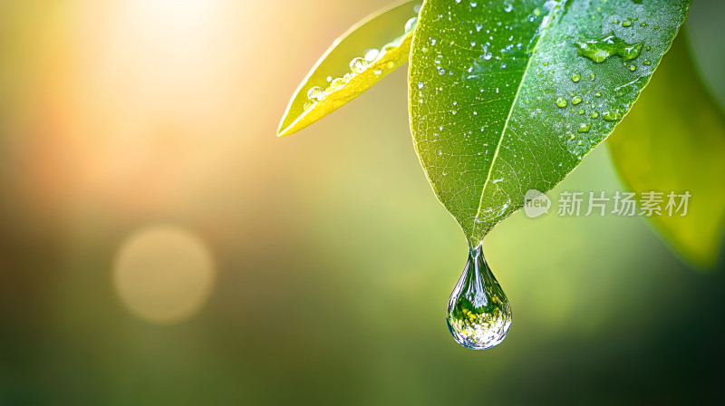 清晨露珠雨后雨水从树叶滑落露水雨水绿叶