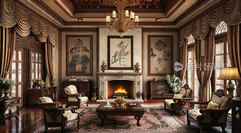 豪华客厅古典优雅壁炉温暖艺术装饰舒适沙发精美地毯