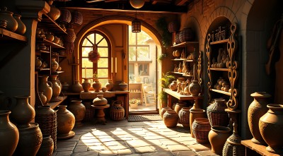 陶艺工坊阳光下的古朴陶器