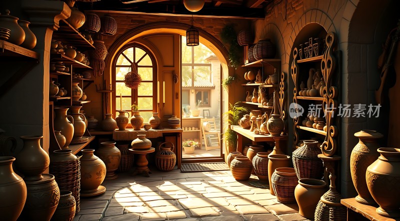 陶艺工坊阳光下的古朴陶器