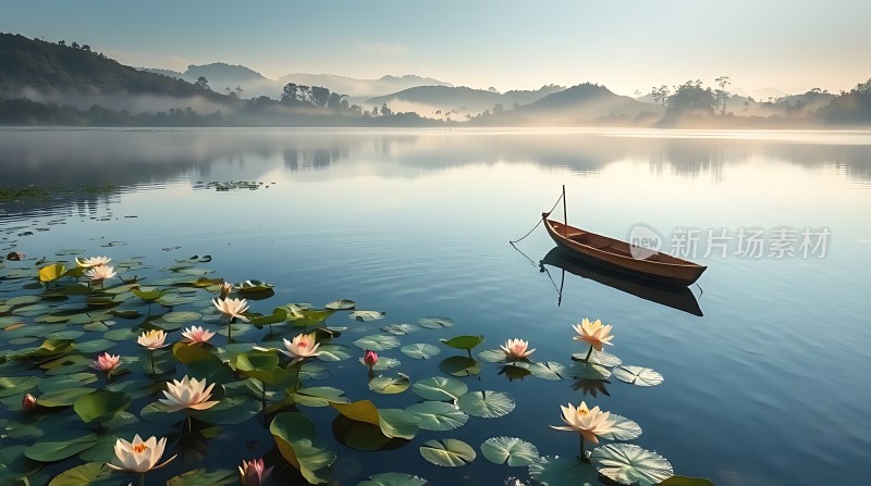 湖畔轻舟映水莲